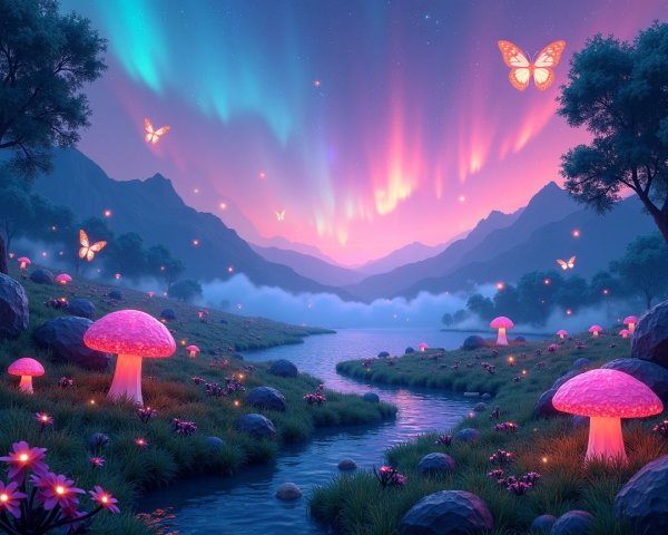 Serene landscape with glowing mushrooms and auroras