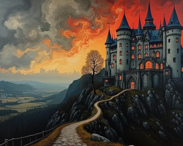 Castle on Hill at Sunset with Dramatic Colors