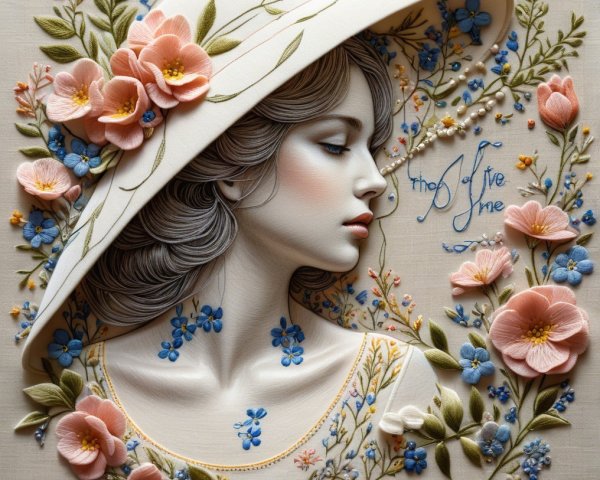 Embroidered portrait of a woman with floral hat