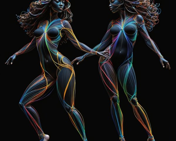 Stylized Female Figures with Colorful Designs on Black