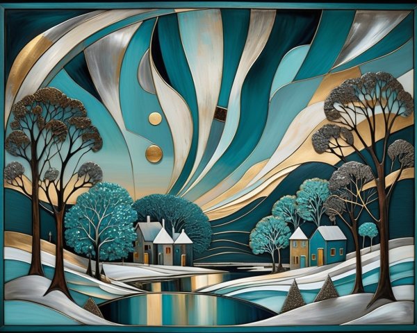 Vibrant Winter Landscape with Houses and River