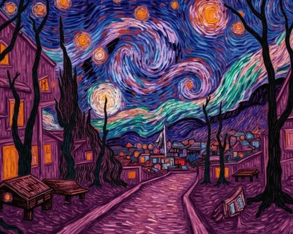 Vibrant Night Sky Over a Quaint Village Landscape