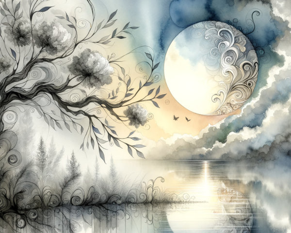 Serene landscape with moonlit lake and floral patterns
