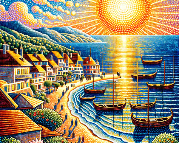 Vibrant Coastal Scene with Sunrise and Village Life