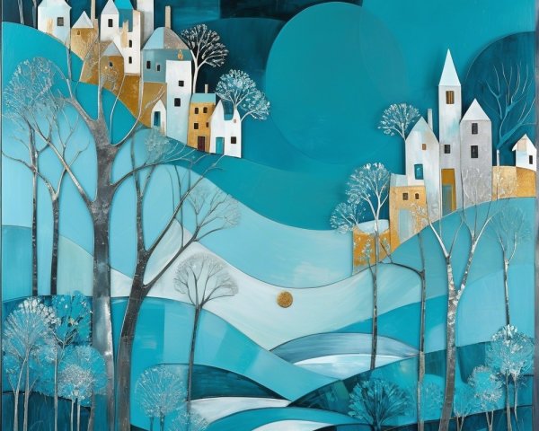 Whimsical Landscape with Houses and Abstract Hills
