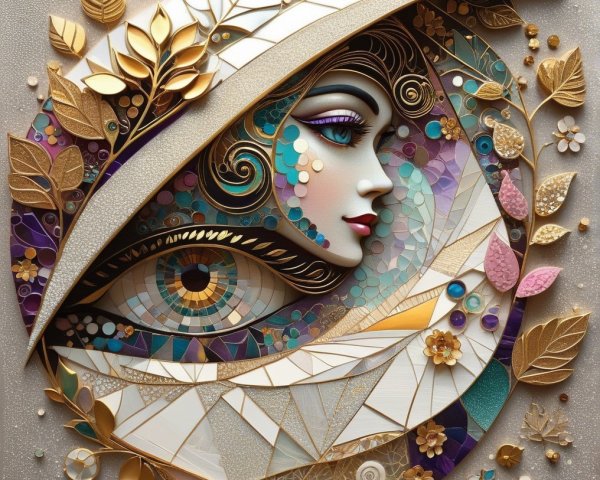 Stylized Female Face in Circular Composition with Colors