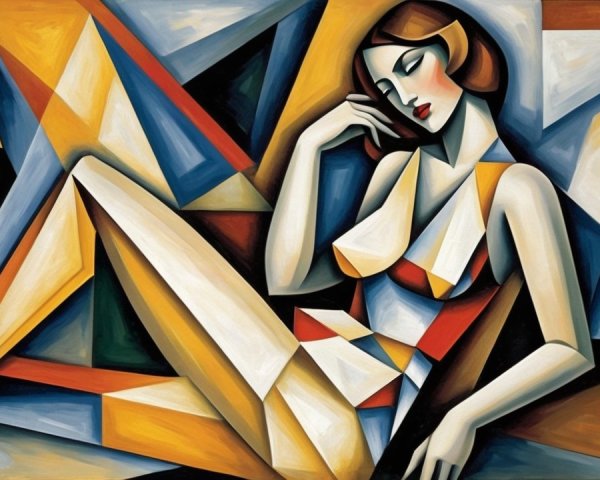 Stylized Female Figure Against Vibrant Geometric Background