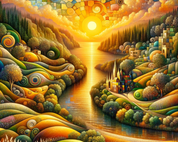 Vibrant Landscape with Rolling Hills and Sunset Reflections