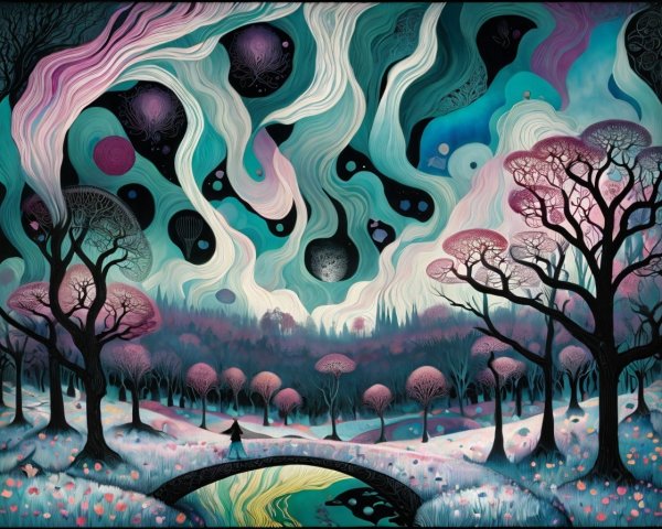 Surreal Landscape with Whimsical Sky and River