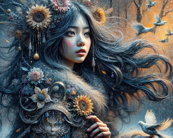 Mystical Portrait of a Woman with Sunflowers and Doves