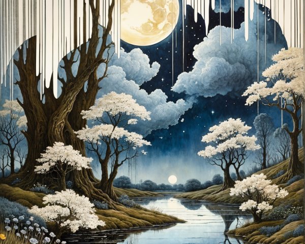 Nighttime River Scene with Moon and Cherry Blossoms