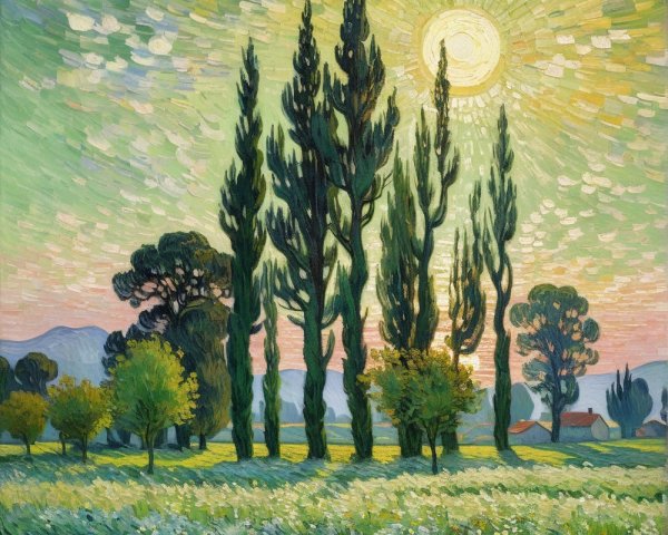 Vibrant Landscape with Cypress Trees and Sunlit Sky