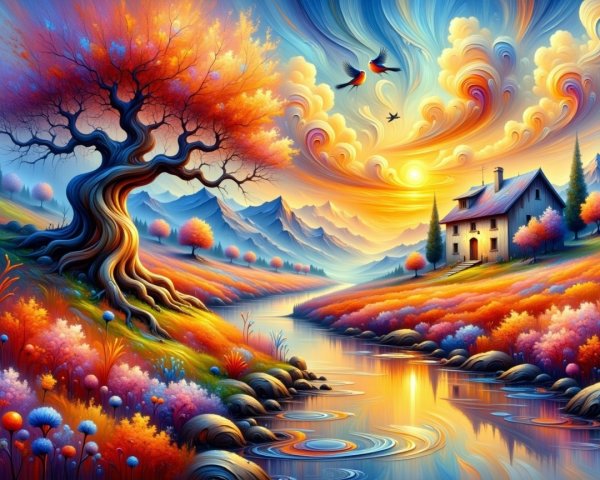 Vibrant Landscape with Sunset Sky and Serene River