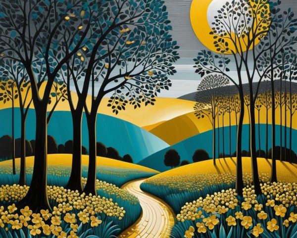 Serene Landscape with Winding Path and Vibrant Fields