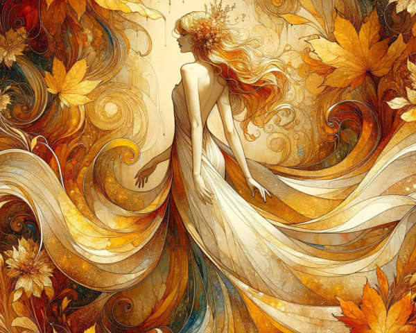 Ethereal Figure in Autumn Leaves and Warm Colors