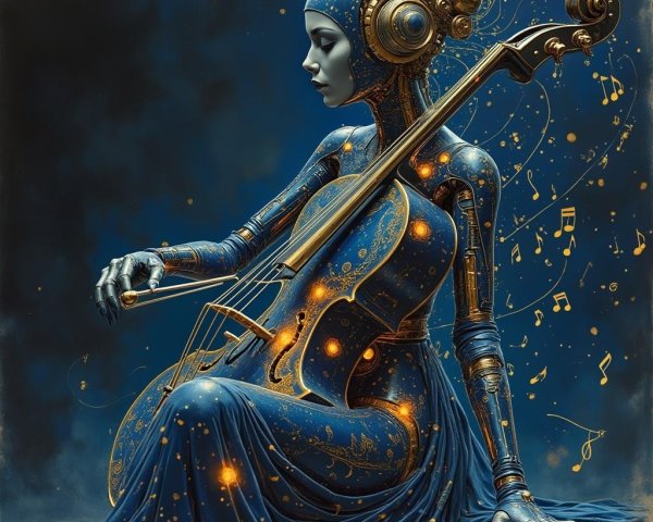 Humanoid Figure in Blue Gown Playing Cello with Notes