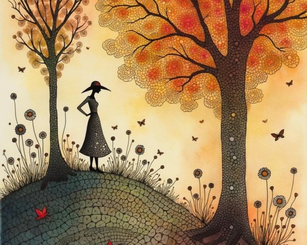 Silhouette of a Woman in Autumn Landscape Setting