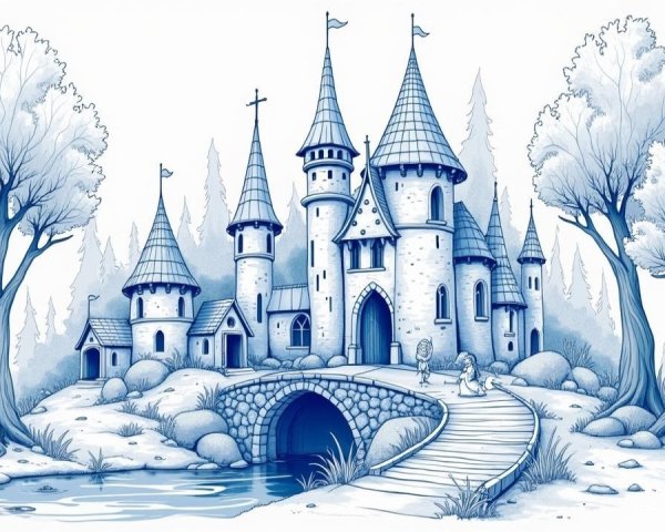 Blue-toned illustration of a fairytale castle scene