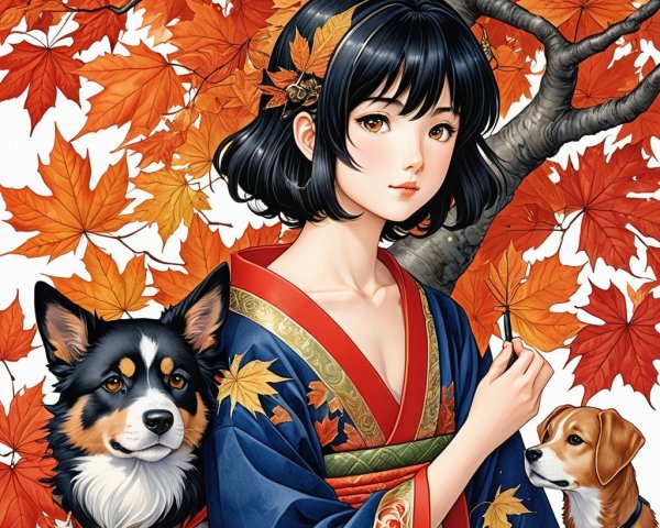 Young Woman in Traditional Attire with Autumn Leaves