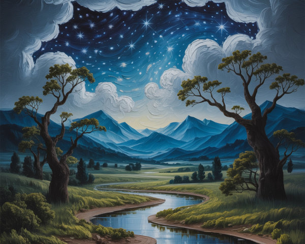 Tranquil River Landscape Under Starry Night Sky