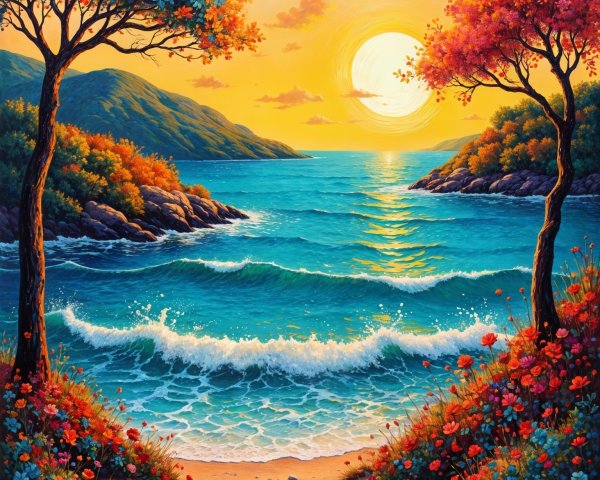 Vibrant Sunset Over Serene Coastal Landscape