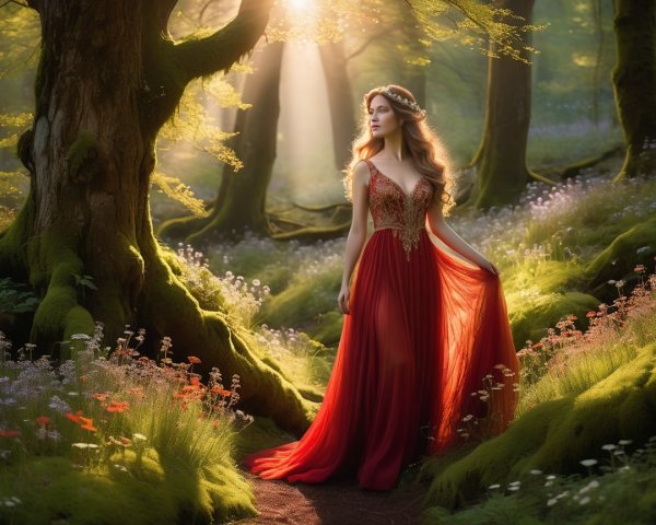Woman in Red Gown in Sunlit Forest Setting