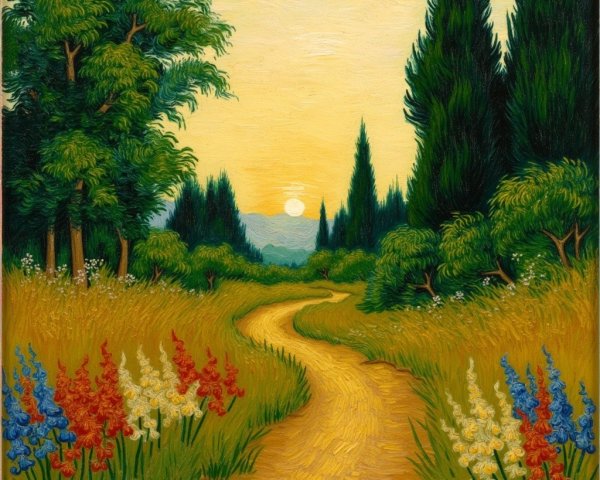 Serene Landscape with Winding Path and Wildflowers