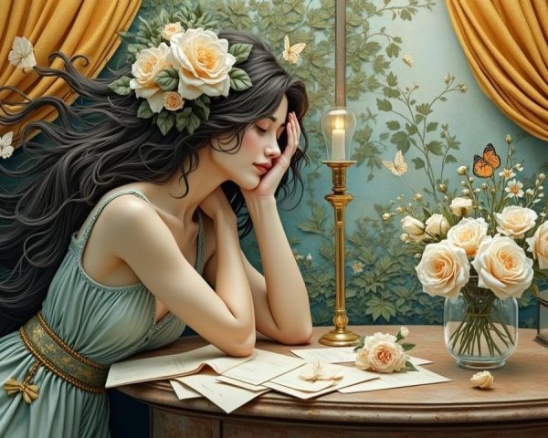Contemplative Woman with Floral Crown and Roses