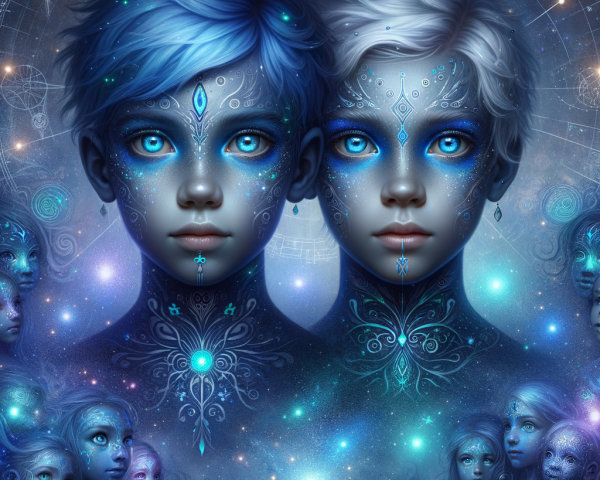 Androgynous Figures in Cosmic Galaxy Setting