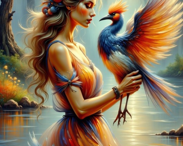 Mythical Woman with Colorful Hair by Tranquil Water