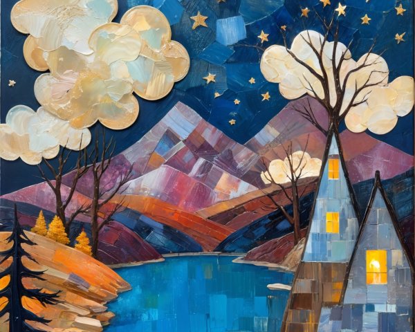 Lakeside Night Scene with Mountains and Colorful Trees