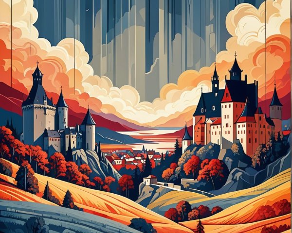 Vibrant Landscape with Mystical Castle and Hills