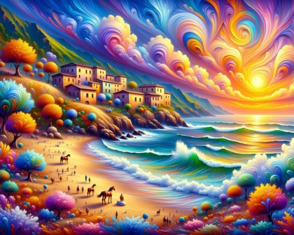 Vibrant Seaside Sunset with Colorful Landscape Elements
