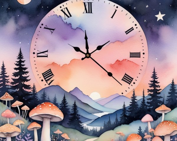 Dreamy Landscape with Clock and Vibrant Sky