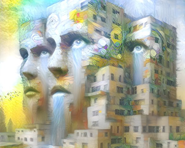 Surreal Artwork of Abstract Faces and Colorful Building