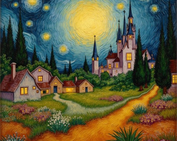 Whimsical village and castle under a starry night sky