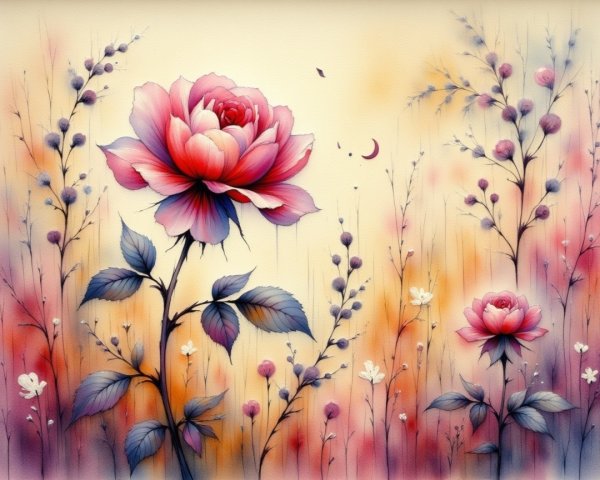 Dreamy Floral Scene with Pink and Purple Roses