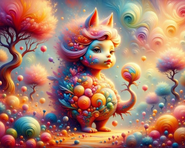Whimsical Cat-Like Creature in Dreamlike Landscape