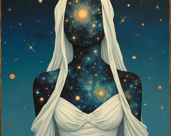 Celestial Figure with Starry Sky Head and White Fabric