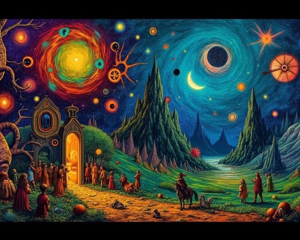 Surreal Landscape with Galaxies and Whimsical Village