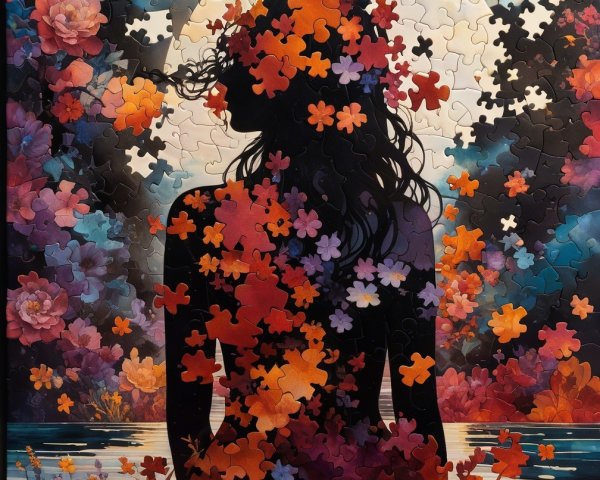 Vibrant Puzzle Artwork of Woman and Colorful Flowers