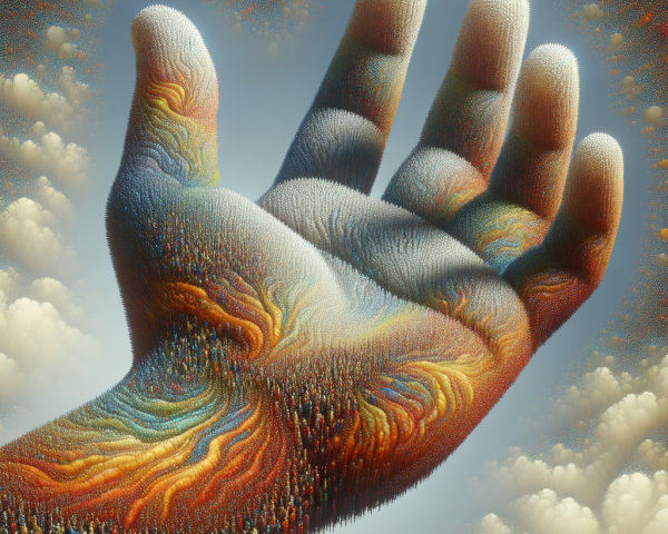 Gigantic Colorful Hand Overlooking Tiny Figures