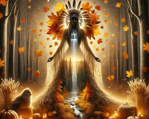Majestic figure in autumn forest with waterfall and candles