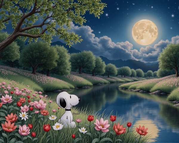 Tranquil River and Moonlit Landscape with Dog