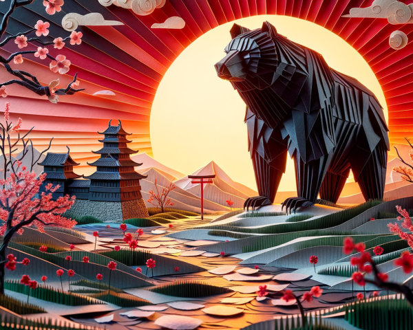 Majestic Bear and Pagoda in Vibrant Paper Art Scene