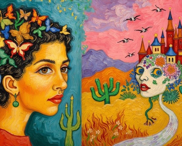 Split Scene Artwork with Whimsical Landscape Elements