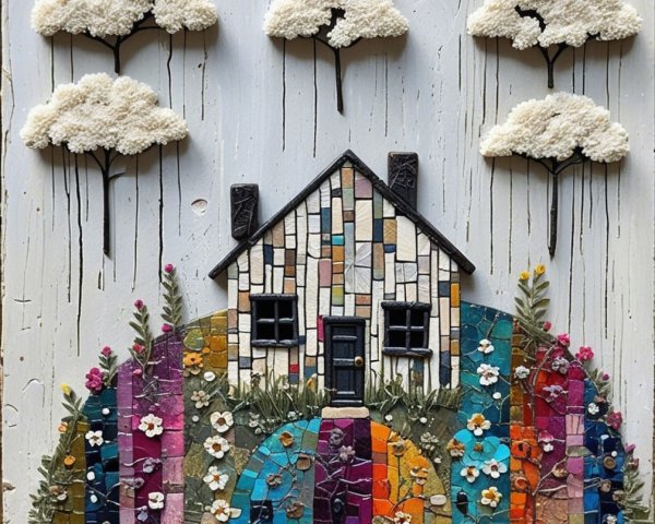 Mixed-media artwork of a mosaic-style house on a hill