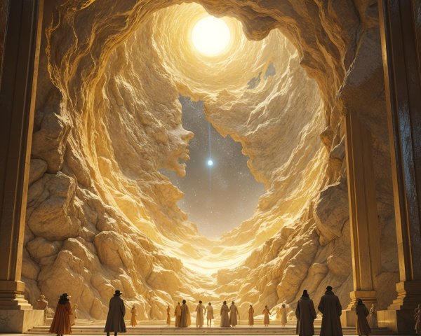 Illuminated cavern with figures in flowing robes