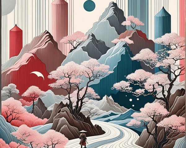 Stylized landscape with mountains, cherry blossoms, and river