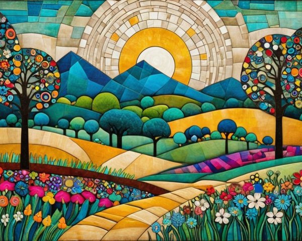 Vibrant Landscape with Rolling Hills and Blossoming Trees